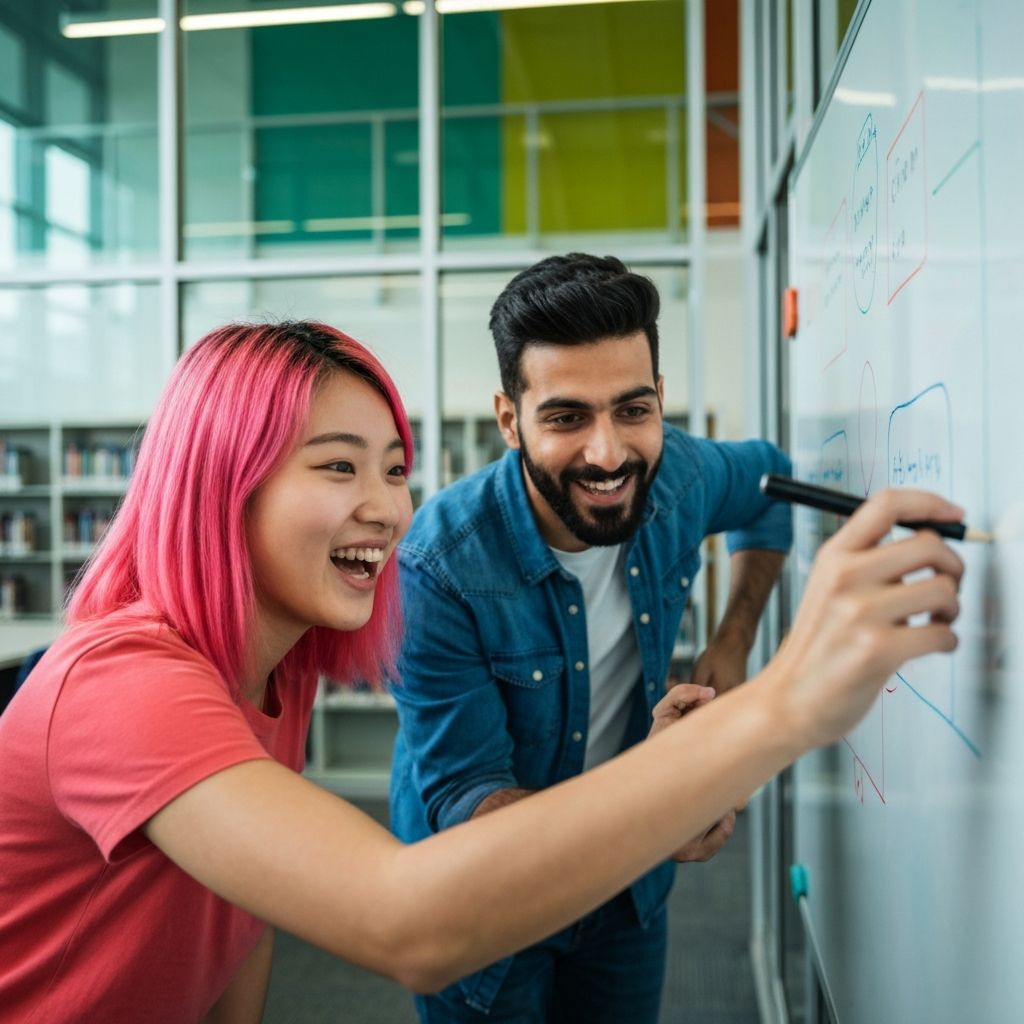 Students studying together using technology